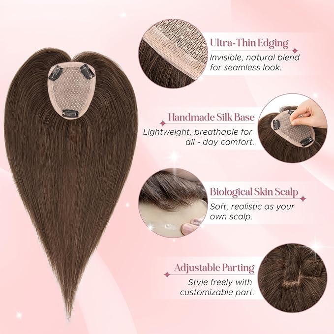 Real Human Hair Toppers for Women 3.54"*4.72" Silky Base 150% Density No Bangs Adjustable Parting Clip-In Topper Hairpieces for Women with Thinning Hair 12 Inches Dark Brown