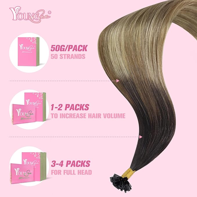 YoungSee K Tips Hair Extensions Brown Balayage K Tip Hair Extensions Remy Human Hair for Women Ombre Brown to Blonde 22In 1g/s 50g