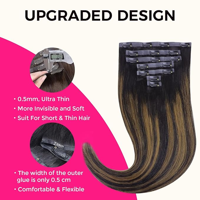 Lashey Seamless Hair Extensions Clip ins Staright 110g Natural Black Mixed Chestnut Brown 18 Inch 7pcs PU Weft Clip in Hair Extensions Real Human Hair with Invisi Edge for Black Women