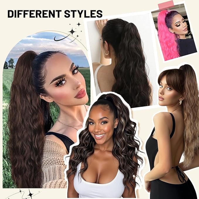 LEEONS 26 inch Drawstring ponytail Extension, Long Wavy pony tails hair extensions for Women - Synthetic Hairpiece Ponytail for Daily Use (Black Brown)