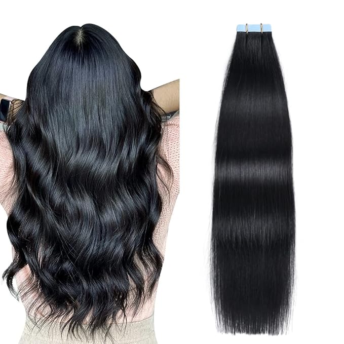 SUYYA Tape in Hair Extensions Human Hair Black Straight 20 Pcs/Pack 50g Tape in Extensions 24 inch Jet Black #1