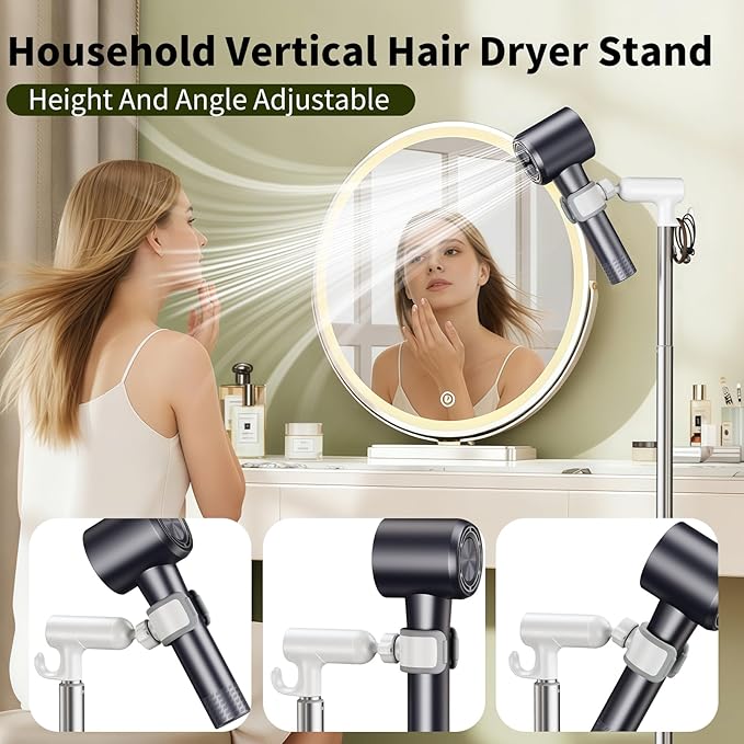Hands Free Adjustable Hair Dryer Stand, 17-51in Height & 360° Swivel, for Countertop and Floor Use, Heavy-Duty Blow Dryer Holder with Hook, Fits Most Hair Dryers for Home, Vanity, Bathroom