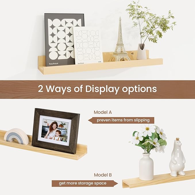 Picture Ledge Shelf, Solid Pine Wood Floating Shelves Set of 4, 16 Inches Nursery Book Shelves for Toys Storage, Kids Bookshelf Wall Mounted for Living Room Decor Photo Frames, Unfinished Natural