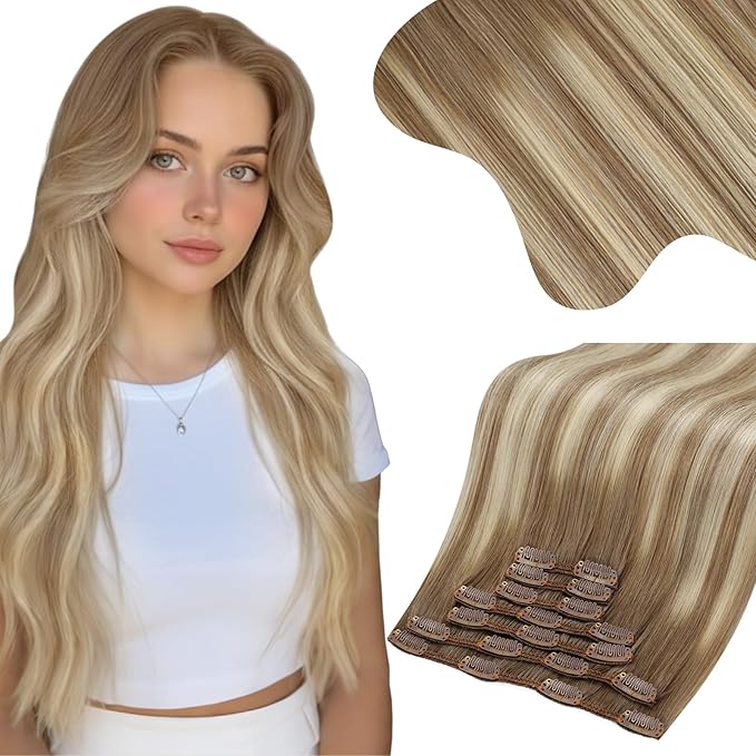 Moresoo Clip in Hair Extensions Real Human Hair Blonde Balayage Hair Extensions Real Human Hair Clip ins Ombre Light Brown Mixed with Golden Blonde Full Head 7pcs/150g 20inch
