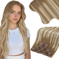 Moresoo Clip in Hair Extensions Real Human Hair Blonde Balayage Hair Extensions Real Human Hair Clip ins Ombre Light Brown Mixed with Golden Blonde Full Head 7pcs/150g 20inch