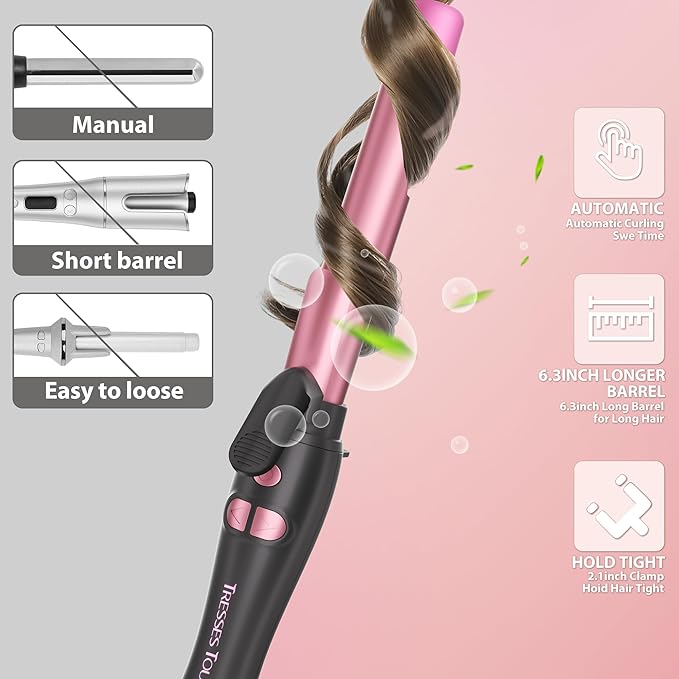 Extra-Long Barrel Rotating Curling Iron with Short Clamp, Automatic Curling Iron 1 Inch Creates Loose Curls – for Medium and Long Hair, High Heat 410°F, Instant Heat up, Double Ceramic, Dual Voltage
