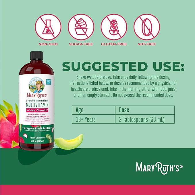 MaryRuth's Liquid Multivitamin+Hair Growth | Clinically Tested for Thicker Hair & Facial Wrinkles in Women | Biotin 10000mcg | Lustriva Hair Growth Supplement | Skin Care | Age 18+ | 30 Fl Oz