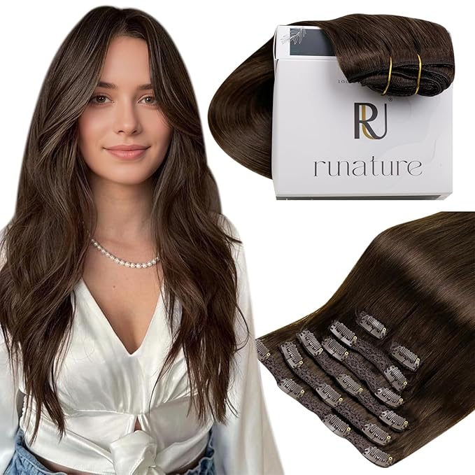 RUNATURE Brown Clip in Hair Extensions 24 Inch, Real Human Hair Clip in Extensions, Long Hair Extensions Clip Ins, Double Weft Remy Natural Hair, Add Hair Length, 135g 7pcs #4 Chocolate Brown