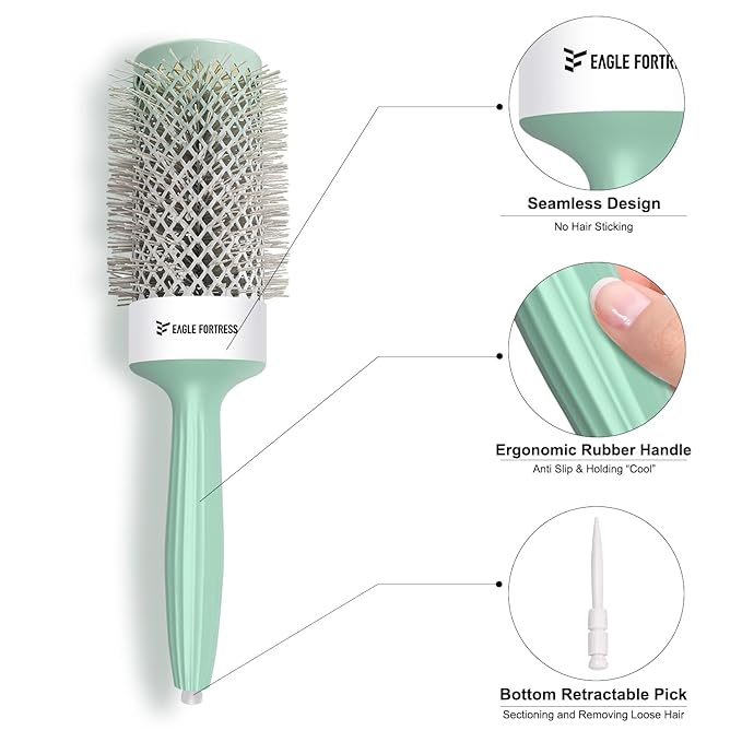 Eagle Fortress Round Brush for Blow Out, Thermal Ceramic Hair Brush for Blow Drying with Ionic Bristle for Professional Blowout Brushing - Green, 53mm