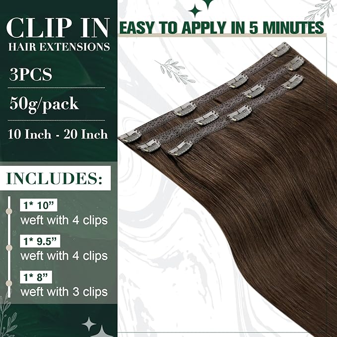 RUNATURE Clip in Hair Extensions Real Human Hair, Brown Hair Extensions Clip Ins, Double Weft Human Hair Clip in Extensions, Remy Natural Hair, Tangle Free, 16 Inch 50g 3pcs #4 Medium Brown