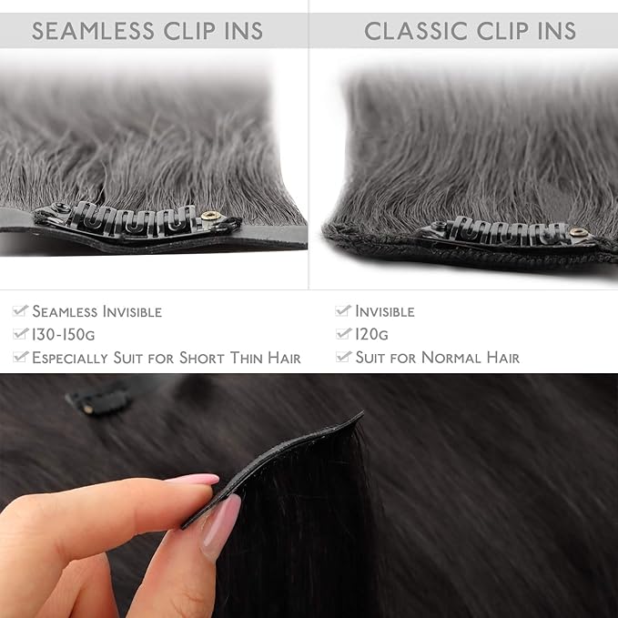 WENNALIFE Seamless Clip In Hair Extensions, 22 Inch 150g 7pcs Natural Black Hair Extensions Clip in Human Hair Invisible PU Skin Weft Natural Remy Human Hair