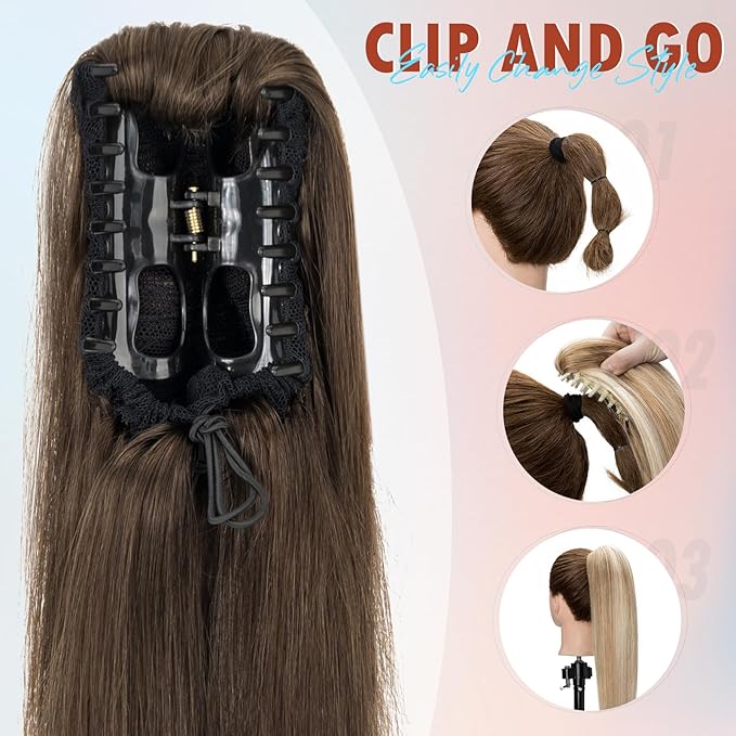 Hairro Claw Clip Ponytail Extension Human Hair Clip In Ponytail Jaw/Claw Jaw On Pony Tail Hairpieces For Women 18 Inch 115g #02 Dark Brown