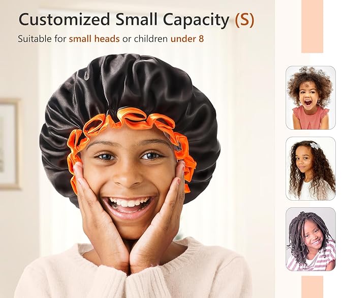 mikimini Small Black Shower Caps Pack of 2 for Kid, Double Layers Waterproof Bathing Hair Cap with Reusable Soft Comfortable PEVA Lining, Cute, Non-fading & Stretchy Shower Hat Small Pack of 2, Black + Orange