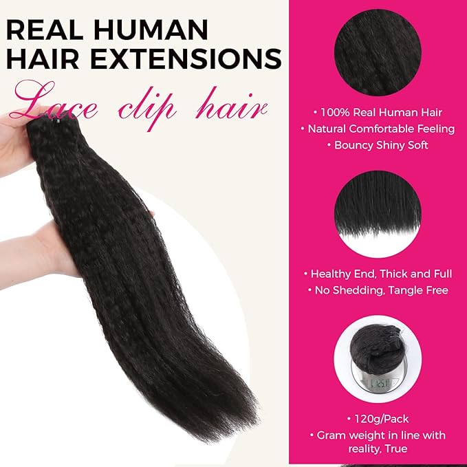 Lashey Clip in Hair Extensions, Kinky Straight 16 Inch 7pcs 120g #1B Natural Black Remy Human Hair Extensions Natural Thick Clip in Hair Extensions for Black Women