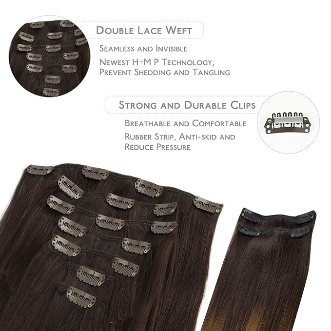 WENNALIFE Clip in Hair Extensions, 150g 22 Inch 9pcs Highlight Dark Brown to Chestnut Brown and Dirty Blonde Human Hair Extensions Thicker Real Human Hair Clip Set Double Weft