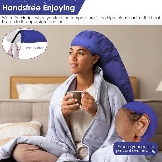 Hair Dryer Bonnet Attachment: Upgraded Extra Large Hooded Dryer Adjustable Hair Dryer Caps - Easy to Use for Natural Curly Textured Hair Care Styling Fast Drying - Dark Blue