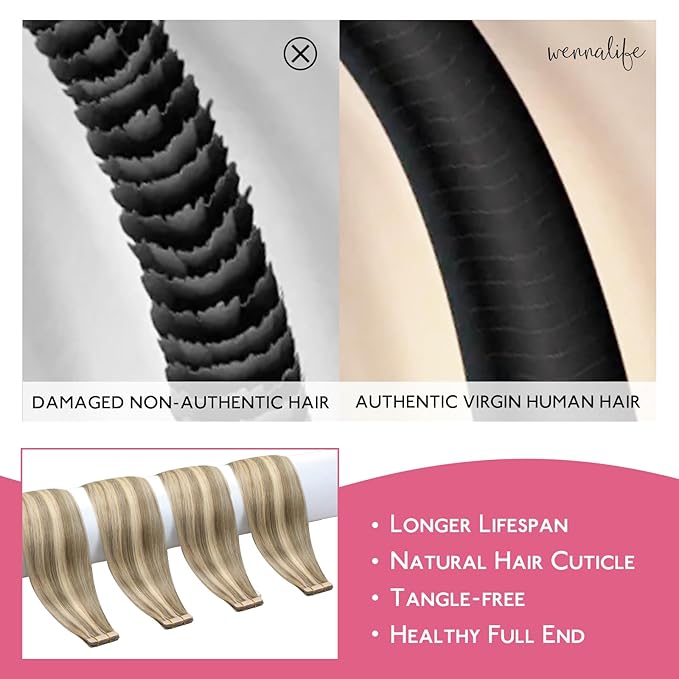 WENNALIFE Tape in Hair Extensions Human Hair Ash Brown with Platinum Blonde Highlights Tape in Extensions, 10pcs 25g 18 inch Remy Invisible Tape Ins Straight Colored Soft Refill Set