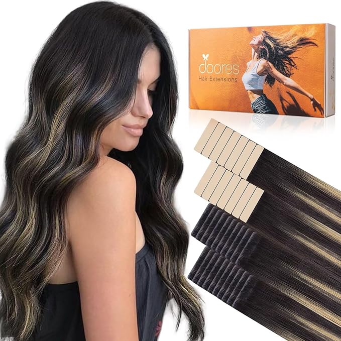 DOORES Invisi Edge Tape in Hair Extensions, Natural Black to Light Blonde 20 Injection Tape-ins with 20 Classic Tape-ins 100g 20 Inch, Injected Tape in Extensions Human Hair