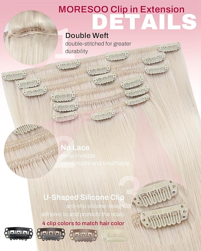 Moresoo Platinum Blonde Clip in Hair Extensions Blonde Hair Extensions Clip ins Straight Double Weft for Women 120g/7pcs 22 inch