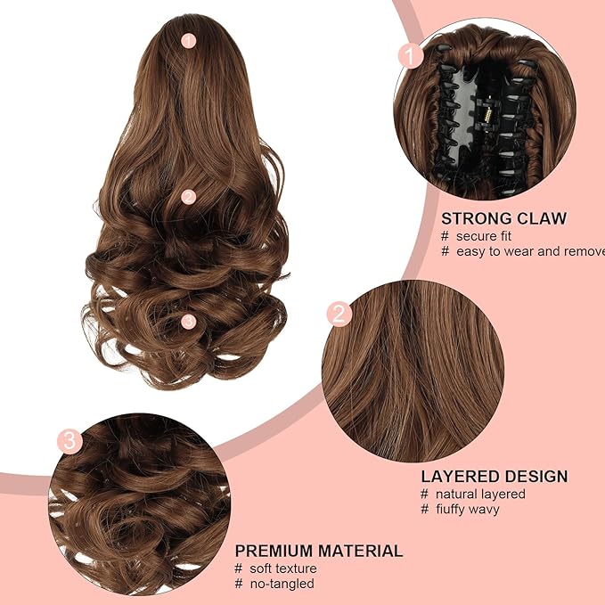 Ponytail Extension, Clip on Ponytails for Women, 12" Claw Clip in Short Curly Wavy Pony Hair Extension for Women - Light Golden Brown