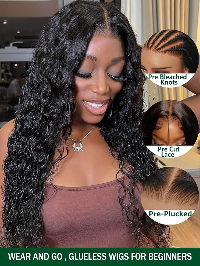 KLAIYI Water Wave HD Real Scalp Glueless Precut 13x4 Lace Front Human Hair Wig Drawstring Bye Bye Knots Pre Plucked Bleached Pre Everything 30S Ready to Wear and Go Deep Curly Wave Beginner Wig 16Inch