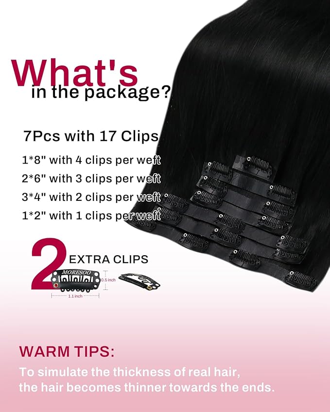 Moresoo Seamless Clip in Hair Extensions Human Hair Black Remy Human Hair Clip in Extensions Jet Black Short Pu Skin Weft 120g/7pcs 14 inch