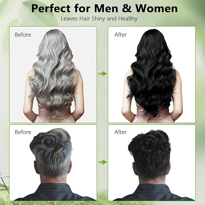 Black Hair Dye Shampoo for Women & Men, 15 Min Gray Coverage, 3 in 1 Semi-Permanent Color with Natural Herbal Ingredients