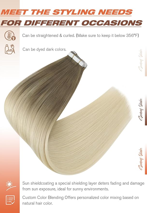 Sunny Hair Tape in Hair Extensions Real Human Hair Invisible Remy Hair Extensions Tape ins for Women Light Brown Root to Platinum Blonde Balayage 12 inch 20Pcs