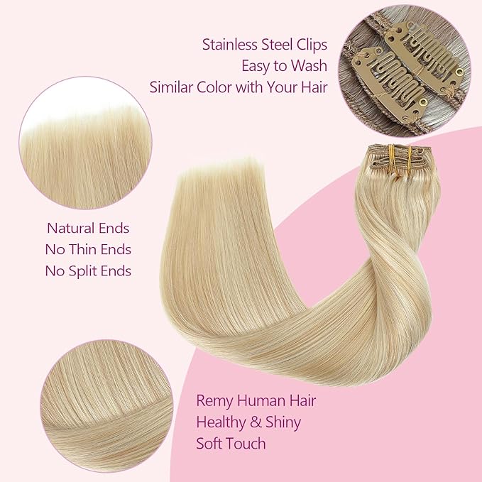 PINKPEARL Clip in Hair Extensions #27P60 Caramel Blonde Highlighted Platinum Blonde 120g 7pcs 20 Inch Clip in Hair Extensions Real Human Hair Hair Extension Clip Ins(#27P60-20)