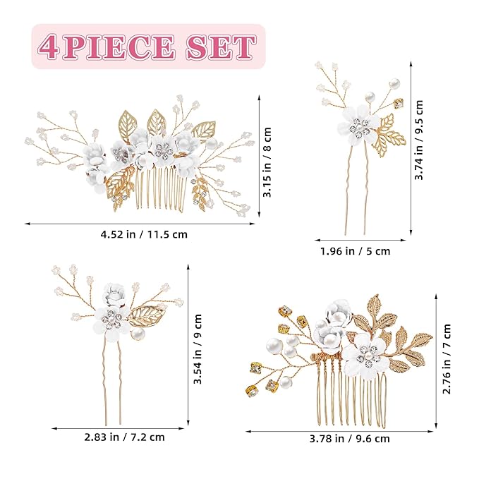 Wedding Flower Hair Accessories for Women: 4pcs Leaf and Flower Hair Combs for Women Accessories - Crystal Pearl Wedding Flower Clips Headpiece for Brides Bridesmaids Girls Updo (White)