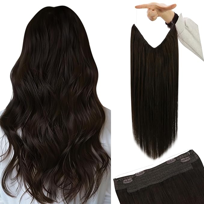 YoungSee 120G Wire Hair Extensions Real Human Hair Darkest Brown Wire Human Hair Extensions Brown Natural Human Hair Headband Extensions for Women 16Inch