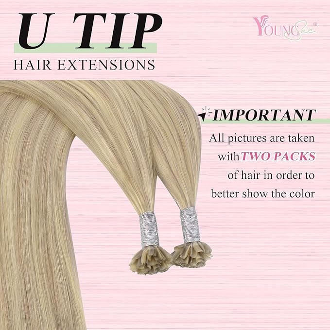 YoungSee U Tip Hair Extensions Human Hair Blonde Highlight Utip Hair Extensions Human Hair Ash Blonde with Platinum Blond Highlight Keratin Hair Extension Remy Hair Ktip Extension 22In 1G/S 50G