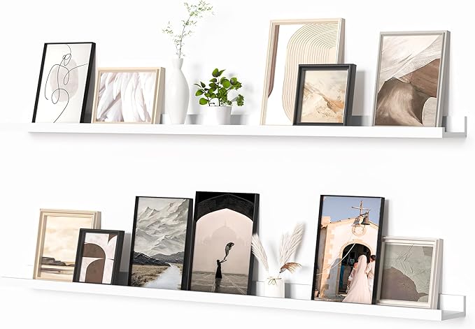 Heimlove Picture Ledge Shelf, Floating Shelves Set of 2, 56 Inches Picture Shelf for Wall with Ledge, Kids Bookshelf Wall Mounted for Living Room Bedroom Decor Books Photo Frames, White
