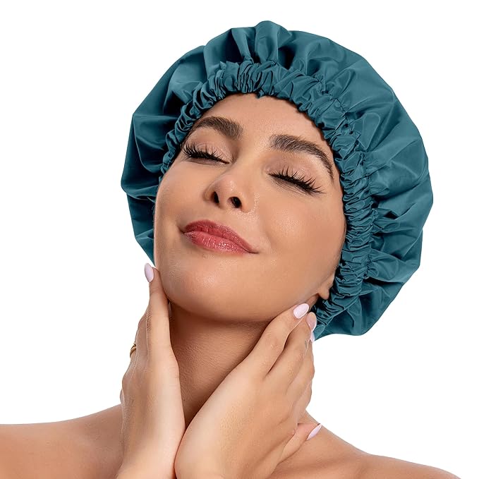 Reusable Shower Cap for Women, Stylish Large Waterproof Shower Bonnet Washable Wide Elastic Band Hair Cap for Long Hair, Braids Bath Hat(Bamboo Moon Blue)