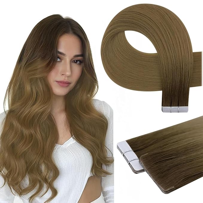 Full Shine Virgin Tape in Hair Extensions Human Hair Ombre Color R3 Dark Brown to 8 Light Brown Hair Extensions Invisible Machine Remy Double Sided Tape in Extensions 10Gram 5Pcs 14Inch for Half Updo