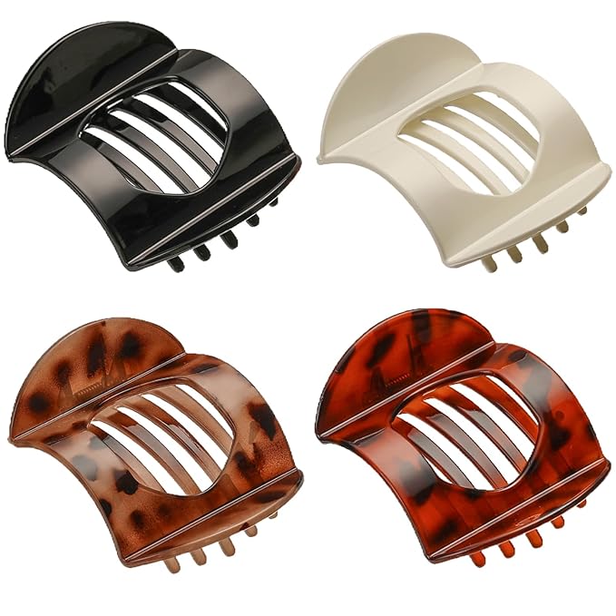 4 PCS Flat Claw Clips, Round Large Flat Hair Clips for Women,French Strong Hold Hair Barrettes for Thick Thin Hair(Leopard)