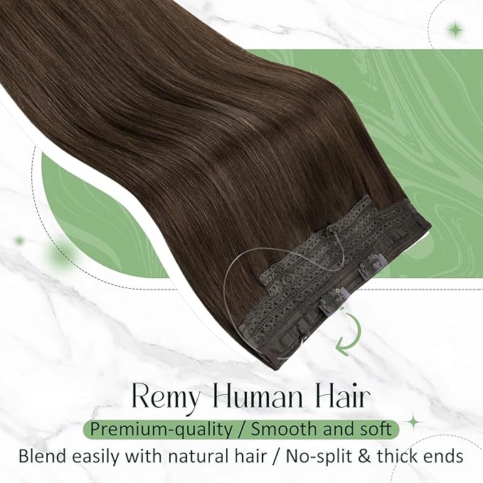 RUNATURE Invisible Wire Hair Extensions Human Hair, 14 Inch 70g One Piece, Brown Wire Hair Extensions Soft Natural Looking, Seamless Fish Line Hairpiece for Women #2 Dark Brown