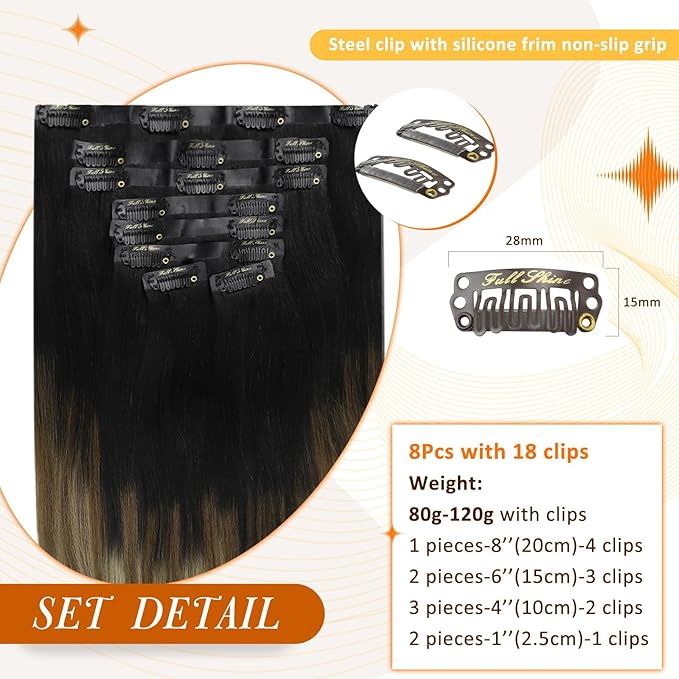 Full Shine Seamless Human Hair Clip in Extensions 14 Inch Balayage Black to Chestnut Brown with Caramel Brown PU Weft Real Hair Extensions 8 PCS 120 G