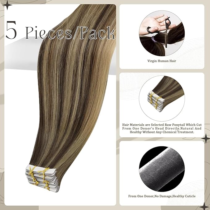 Full Shine Injection Virgin Tape in Hair Extensions Color BM Tape ins Human Hair Extensions Invisible Real Human Hair 20Inch Double Sided Brazilian Natural Straight Hair for Women 12.5G 5Pcs
