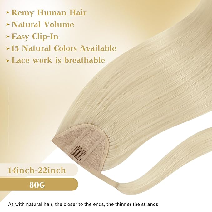 Ve Sunny Hair Extensions Ponytail Real Human Hair Wrap Around Clip in Ponytail Hair Extensions Straight Extensions Human Hair for Women White Platinum Blonde 14inch 80G