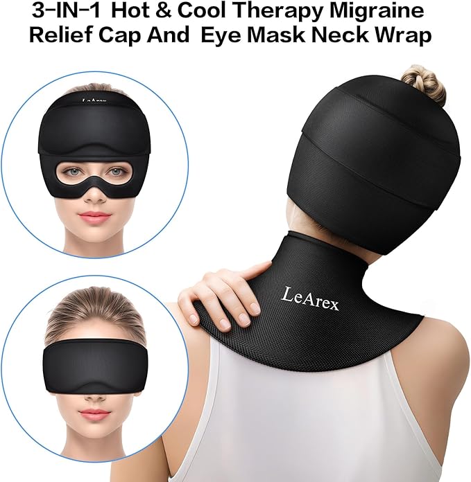 3 in 1 Migraine Relief Cap Neck Ice Pack Wrap Gel and Ice Eye Masks, Detachable Ice Caps with Eyes Masks, Hot and Cold Therapy for Relief of Headaches, Stiff Neck and Eye Fatigue