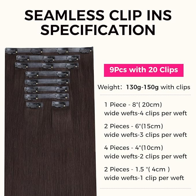Lashey Seamless Clip in Hair Extensions Human Hair 150g 9pcs #2 Dark Brown Straight 20 Inch Clip in Hair Extensions with PU Soft Invisi Edge for Women