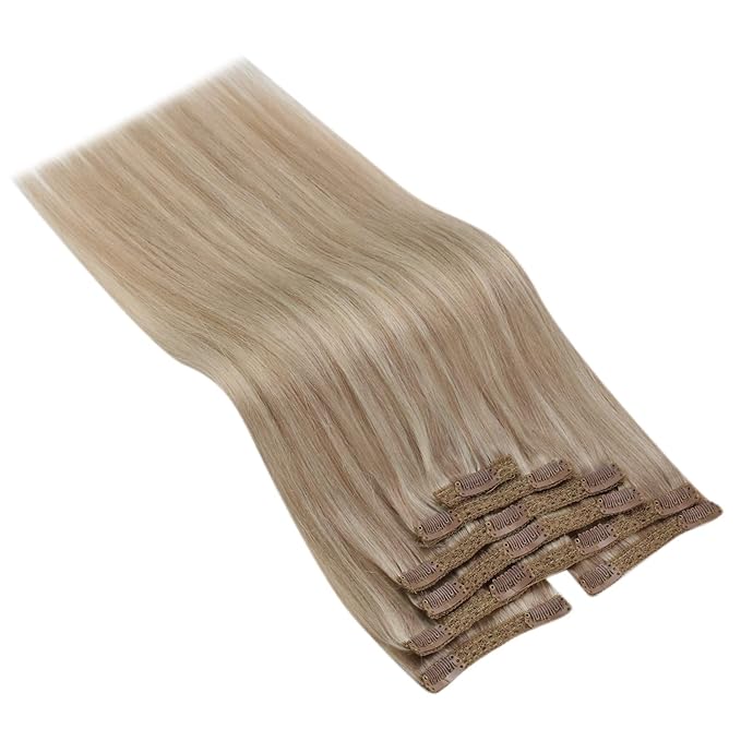 Ve Sunny Real Hair Clip in Extensions Blonde Highlight Warm Color Hair Extensions for Women Remy Clip in Human Hair Extensions Straight 7pcs 14 inch 100g