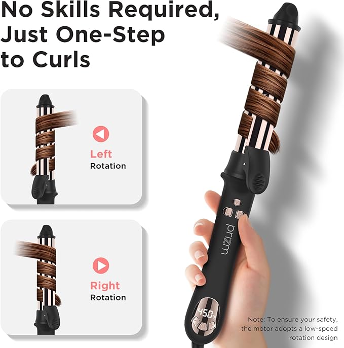 Prizm 1.25inch/32mm Automatic Curling Iron for Big Curler, Rotating Curling Wand Up to 450°F, LCD Display, Auto-Shut Off & Dual Voltage, Negative Ion
