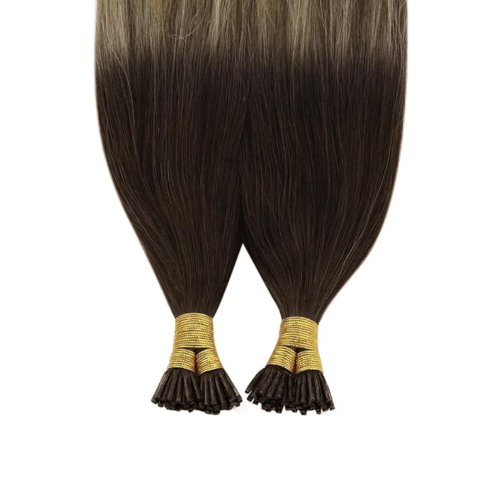 YoungSee I Tip Hair Extensions Balayage Itip Hair Extensions Real Human Hair Ombre Dark Brown to Blonde with Brown Itip Human Hair Extension 20 Inch Stick Tip Hair Extension 50g 50s
