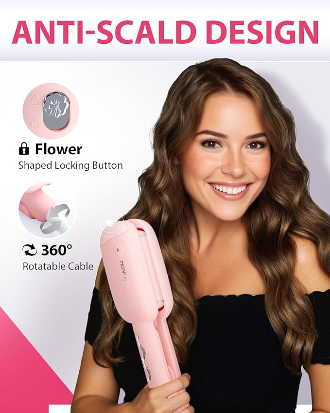 NOVUS 1.25 Inch Curling Iron,Hair Crimper- Beach Wave Hair Waver with Anti-Scald & Negative Ion Technology, Hair Crimper Ceramic Barrel for Tangle-Free Waves on All Hair Types, Pink