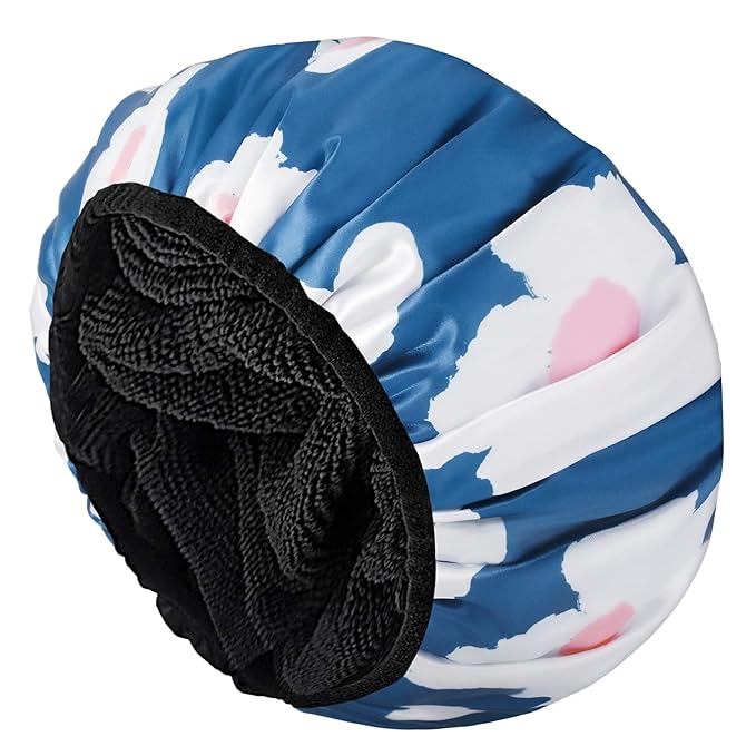 Aquior Shower Cap,Terry Lined Shower Cap for Women Reusable, Triple Layer Waterproof Bath Cap, Extra Large for Women Long Hair