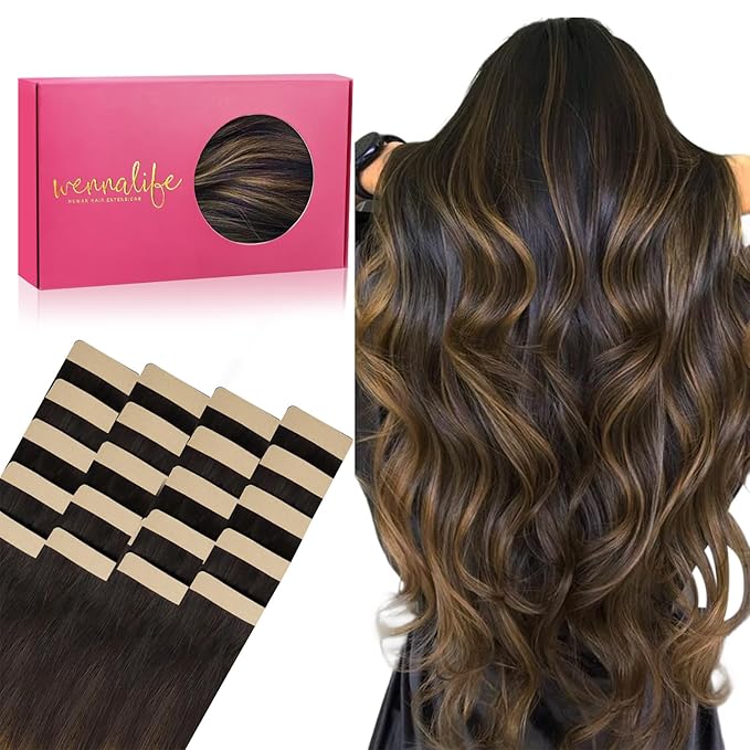 WENNALIFE Tape in Hair Extensions Human Hair, 20pcs 50g 20 inch Balayage Dark Brown Mixed Chestnut Brown Remy Hair Extensions Straight Human Hair Tape in Extensions Skin Weft Extensions