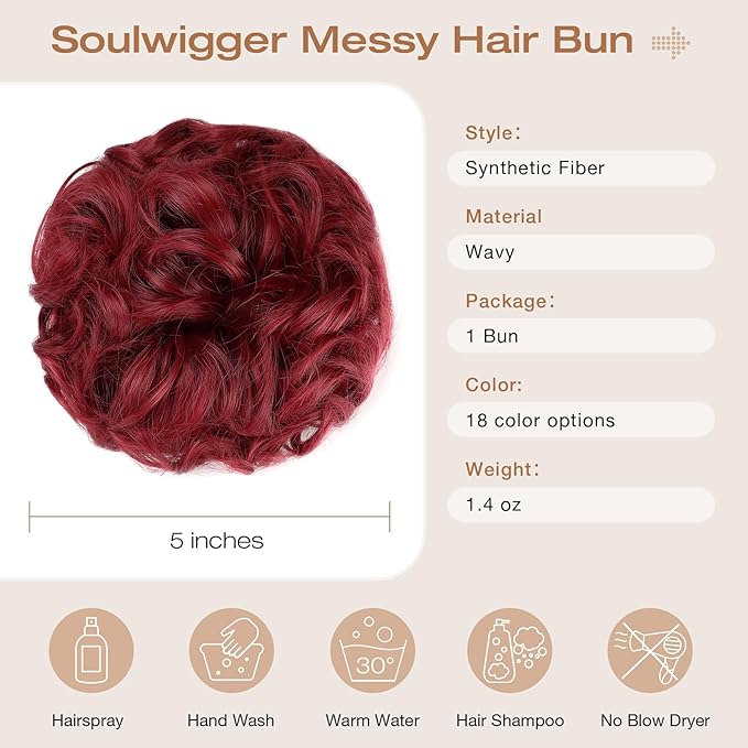 Messy Bun Hair Piece Wavy Curly Scrunchies Fluffy Donut Thick Updo Elegant Chignon Hairpieces for Women Girls, Dark Red 1.4oz