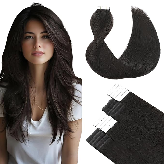 SURNEL Tape in Hair Extensions Human Hair 1B Off Black Remy Tape in Hair Extensions 16 inch 20pcs 50g(#1B-16)